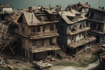 Fototapeta na wymiar Devastated homes caused by seismic event. Generative AI