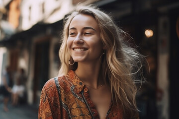 Fototapeta premium young adult woman beauty pretty slender outdoor in a side street in a city,leisure time or city trip. Generative AI