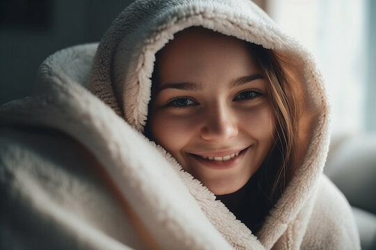 young girl teen teenager woman snuggled up in a blanket at home while relaxing or recovering from an illness or flu or virus. Generative AI