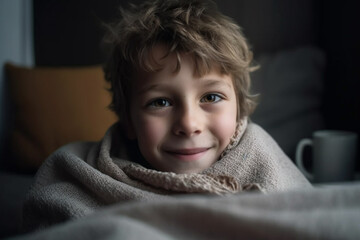 young child boy kid under blanket drinking tea in the background a white living room with sofa and daylight. Generative AI