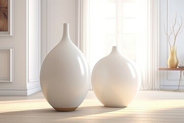 two minimalist white vases on a wooden floor. Generative AI