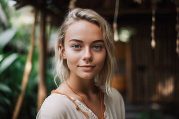 Fototapeta premium young adult woman in tropical hotel or villa or guesthouse, bali indonesia, fictional place in bamboo architecture. Generative AI