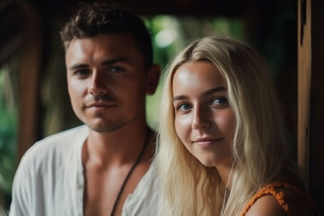 Fototapeta premium young adult man and woman in tropical hotel or villa or guesthouse, bali indonesia, fictional place. Generative AI