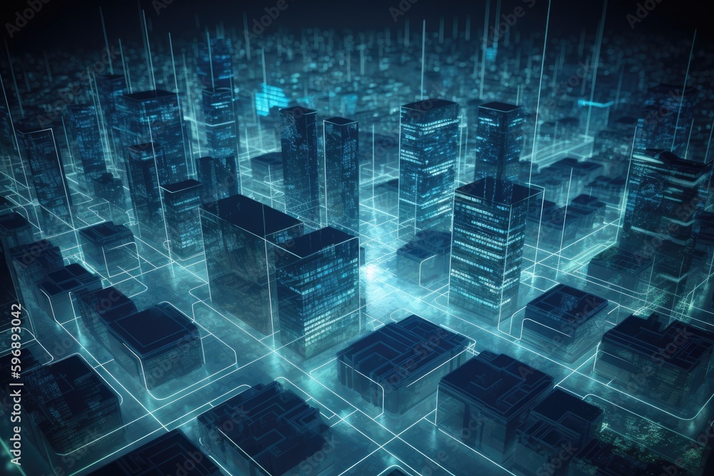 Poster bustling metropolis with towering skyscrapers and advanced technology. generative ai