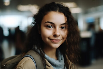 Obraz premium young adult woman with handbag and jacket at an airport. Generative AI