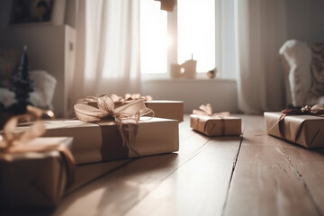Fototapeta na wymiar christmas tree and festive Christmas gifts in living room by daylight. Generative AI