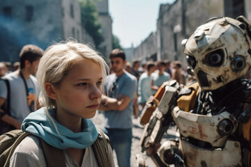 Fototapeta premium robots and humans as combat suits or artificial intelligence for war or as a futuristic future like dystopia. Generative AI