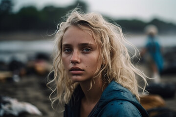 Obraz premium close-up blonde woman, sad or nearly crying at a rice field with people and garbage mountains and garbage heaps, waste on the rice field. Generative AI