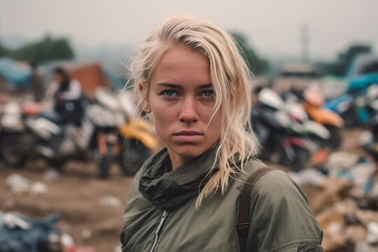 close-up blonde woman, sad or nearly crying at a rice field with people and garbage mountains and garbage heaps, waste on the rice field. Generative AI