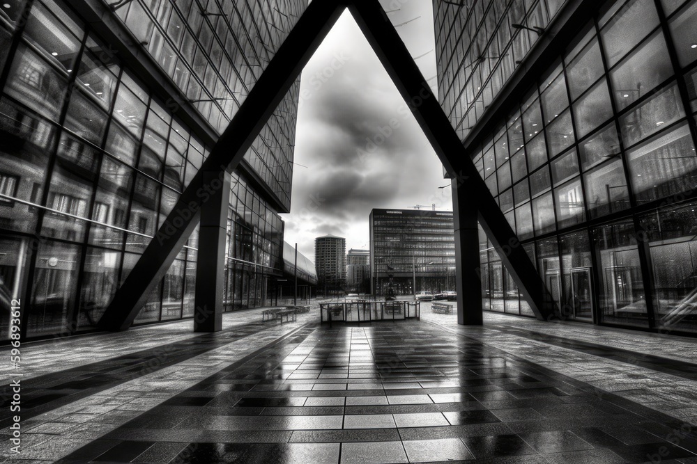 Poster monochromatic image of a towering urban structure. generative ai