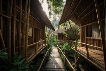 bamboo houses in Bali surrounded by greenery, natural nature house, simple interior and natural aesthetics. Generative AI