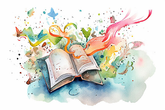 Watercolor illustration of an open book with a colorful paint splashes. Generative AI