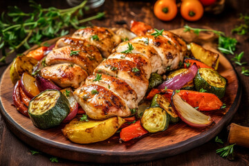 Grilled chicken breast with vegetables on a wooden board. - obrazy, fototapety, plakaty