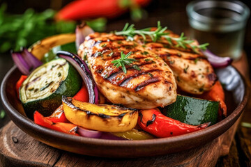 Grilled chicken breast with grilled vegetables on rustic wooden background.