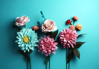 Colorful flowers over light blue background. Generative AI