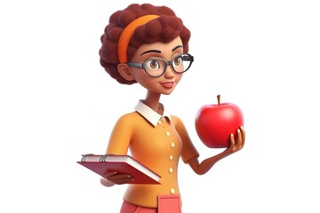 3D cartoon illustration of school teacher holding apple. White background. Generative AI