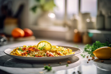 Seafood paella with shrimps, prawns and lemon