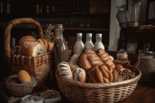 Bakery basket full of bread, bread and milk stand, bread and milk marketing images. Generative AI