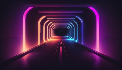 Abstract geometric neon background with glowing frame. Laser light in dark tunnel. Futuristic background