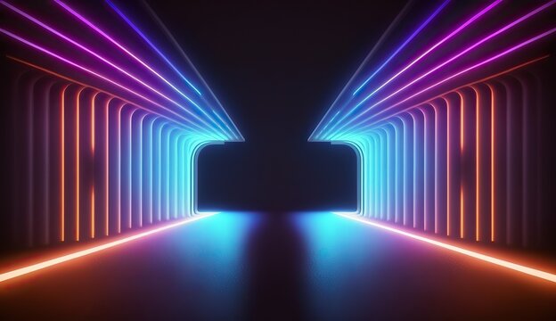 Abstract geometric neon background with glowing frame. Laser light in dark tunnel. Futuristic background