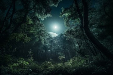 Enchanting forest illuminated by moonlight. Generative AI