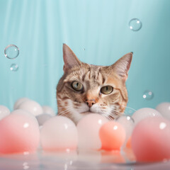 Playful Tabby Cat Peeking Above Pink Bubbles and Balloons - Created with Generative AI and Other Techniques