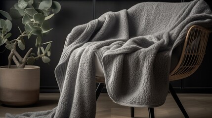 Cozy fleece throw blanket in soft gray. AI generated