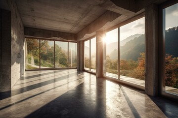 Naklejka premium A vacant concrete room with a breathtaking 3D nature view. Sunlight illuminates the polished walls and floors, while a large entrance overlooks the scenery. Generative AI
