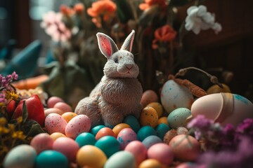 Fototapeta na wymiar Adorable Easter bunny surrounded by colorful eggs and flowers. Generative AI