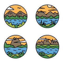 vector logo illustration simple cute and modern of nature beach and mountain in the shape of a circle