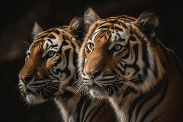 A stunning milieu features a pair of Bengal tigers. Generative AI