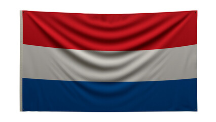 Fototapeta premium Textured flag. The flag of Netherlands hangs on the wall. Texture of dense fabric. The flag is pinned to the wall. Netherlands flag on a transparent background. 3D render