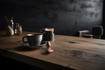 A trendy minimalist space with a rustic wooden table and a cup of coffee. Generative AI