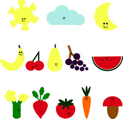 Set di elementi naturali, allegre icone colorate isolate su sfondo bianco