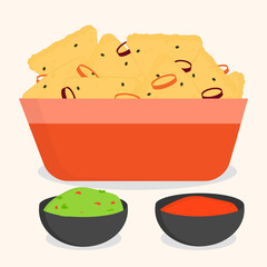 Isolated nacho chips or Mexican corn chips with guacamole and chili dip sauce