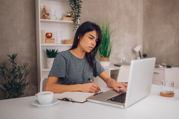 Fototapeta premium Busy young woman working on the laptop in her home office while taking notes