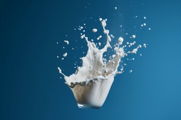 Milk is flying in the air above a blue backdrop. Generative AI