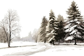 Obraz premium Winter Wonderland with snow-covered trees and mountains in the background. Generative AI