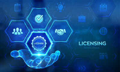 Licensing. License agreement concept in wireframe hand. Copyright protection law license property rights. Business technology concept on virtual screen. Vector illustration.