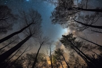 Obraz na płótnie Canvas Looking up through the tree canopy in a forest at the beautiful night sky - Generative AI