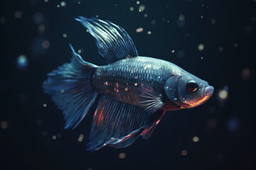 Fototapeta premium A beautiful Siamese fish with shiny particles over dark background Generative AI