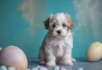 A cute puppy sitting in front of an Easter egg framed in the style of photo Generative AI