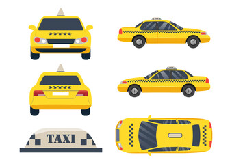 Set of taxis. Collection of graphic elements for website. Top, front, back and side view of yellow car, transportation and vehicle. Cartoon flat vector illustrations isolated on white background