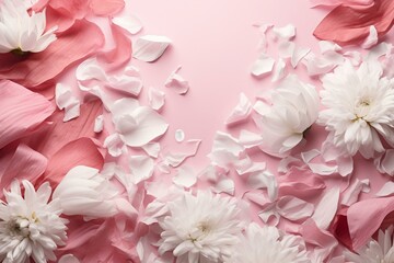 A banner for Women's Day with pink and white floral petals background and copy space in center. Generative AI