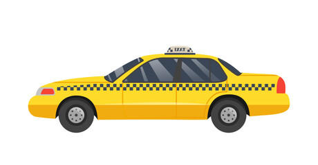 Fototapeta na wymiar Taxi side view concept. Automobile and car, cab or vehicle with sign. Traffic and road. Urban infrastructure and small business, city and town. Cartoon flat vector illustration