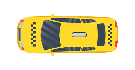 Taxi top view concept. Transport for trip and travel, yellow car or cab. City or town traffic. Transportation of passengers, order. Template, layout and mock up. Cartoon flat vector illustration