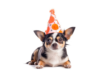 Portrait of Funny small fluffy chihuahua dog in birthday cap isolated on white background. Happy birthday banner with dog.