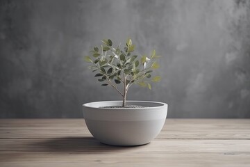 small potted tree on a wooden table. Generative AI