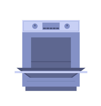 Open oven concept. Kitchen machine for cooking bakery products, preparation meat. Heat and gas, appliance and equipment. Template, layout and mock up. Cartoon flat vector illustration