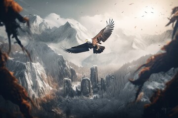 Surreal illustration of eagles and mountains. Generative AI